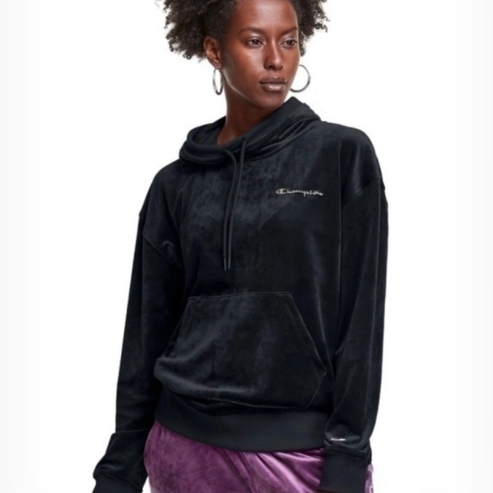 Champion women’s velour pullover hoodie sweatshirt pockets SZ XS black